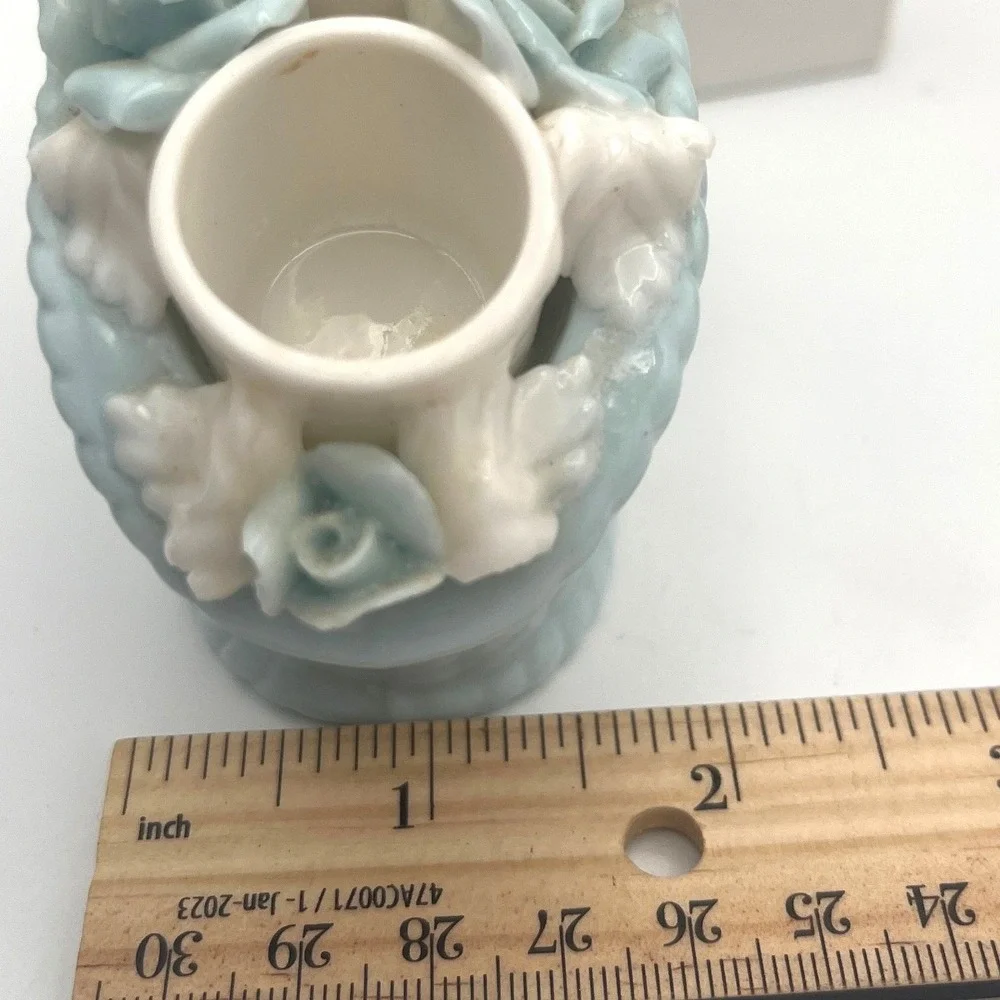 Vtg Rare I.W.Rice Japan Vanity Lipstick Holder Blue white porcelain Basket 50s